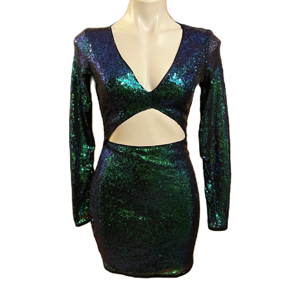 Privy blue green Sequin body con Cut-Out Dress M